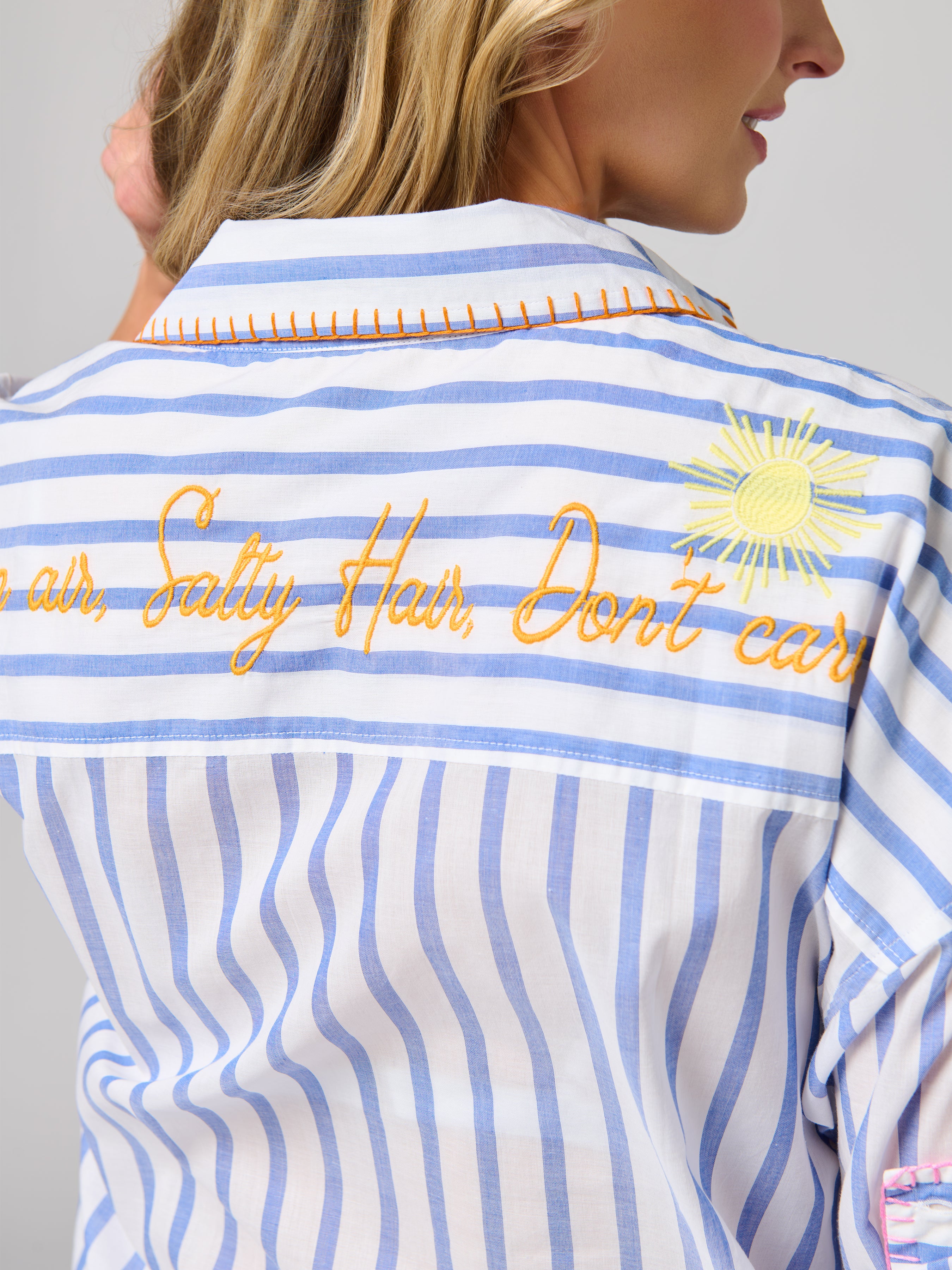 Shiraleah "Beach/Ocean Air, Salty Hair, Don't Care" Cover-Up Shirt, Blue SMALL