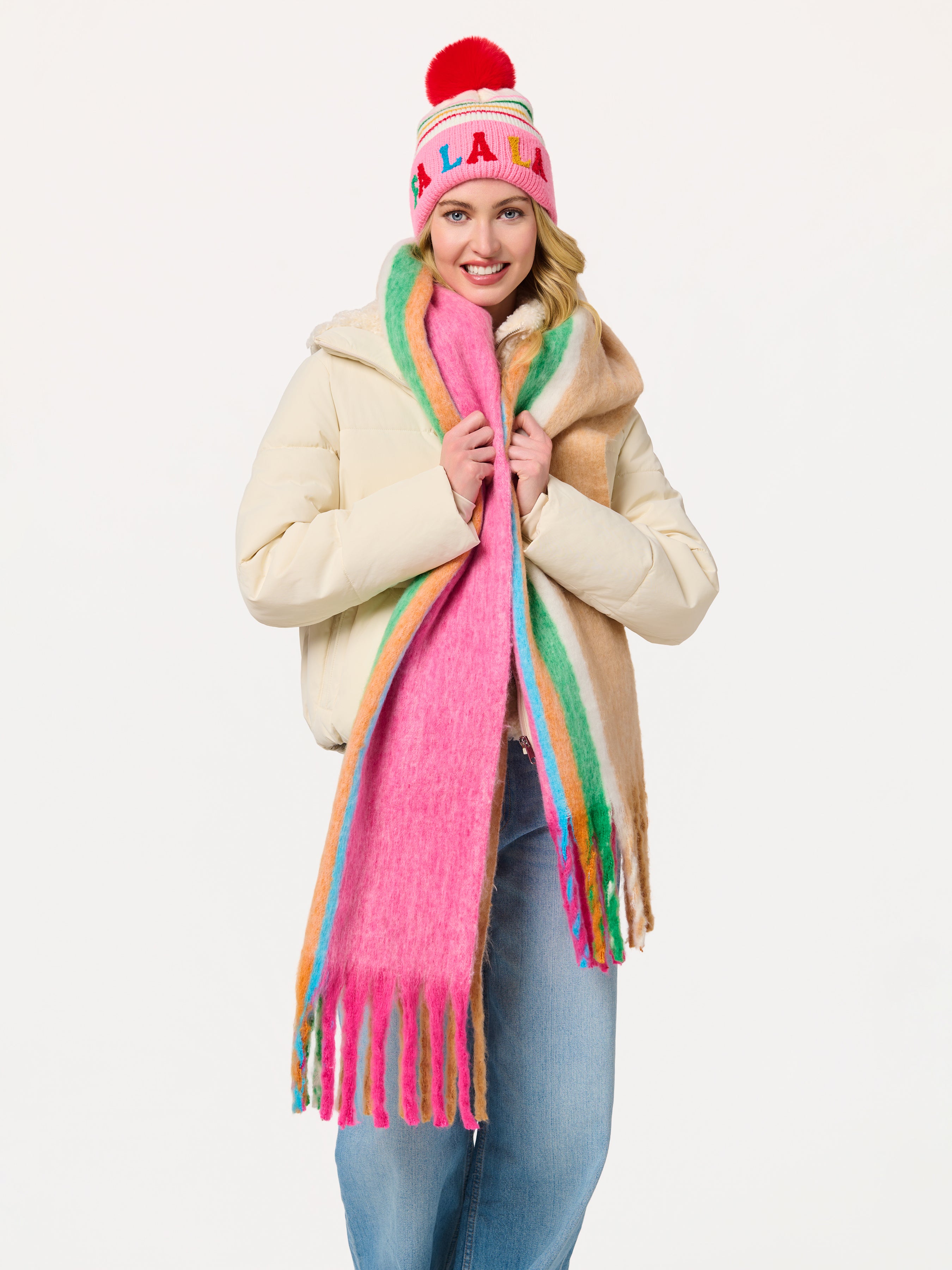 Shiraleah "Fa La La" Striped Beanie, Pink