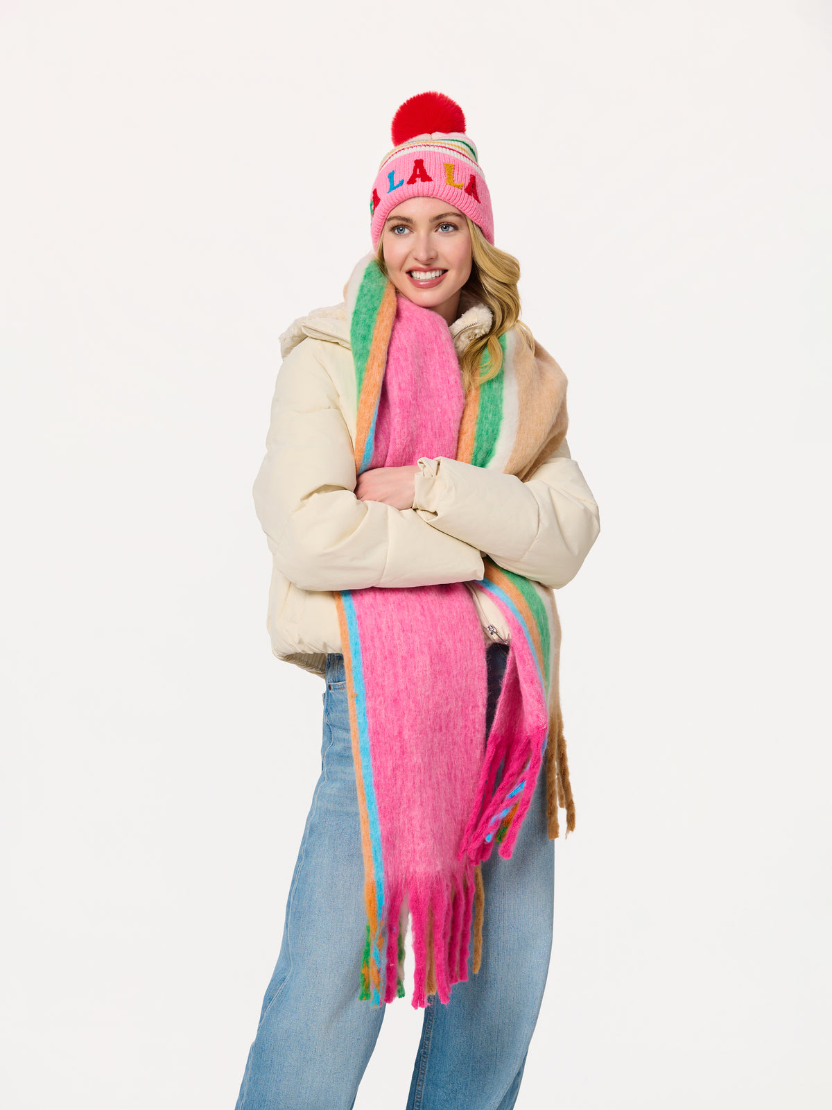 Shiraleah "Fa La La" Striped Beanie, Pink