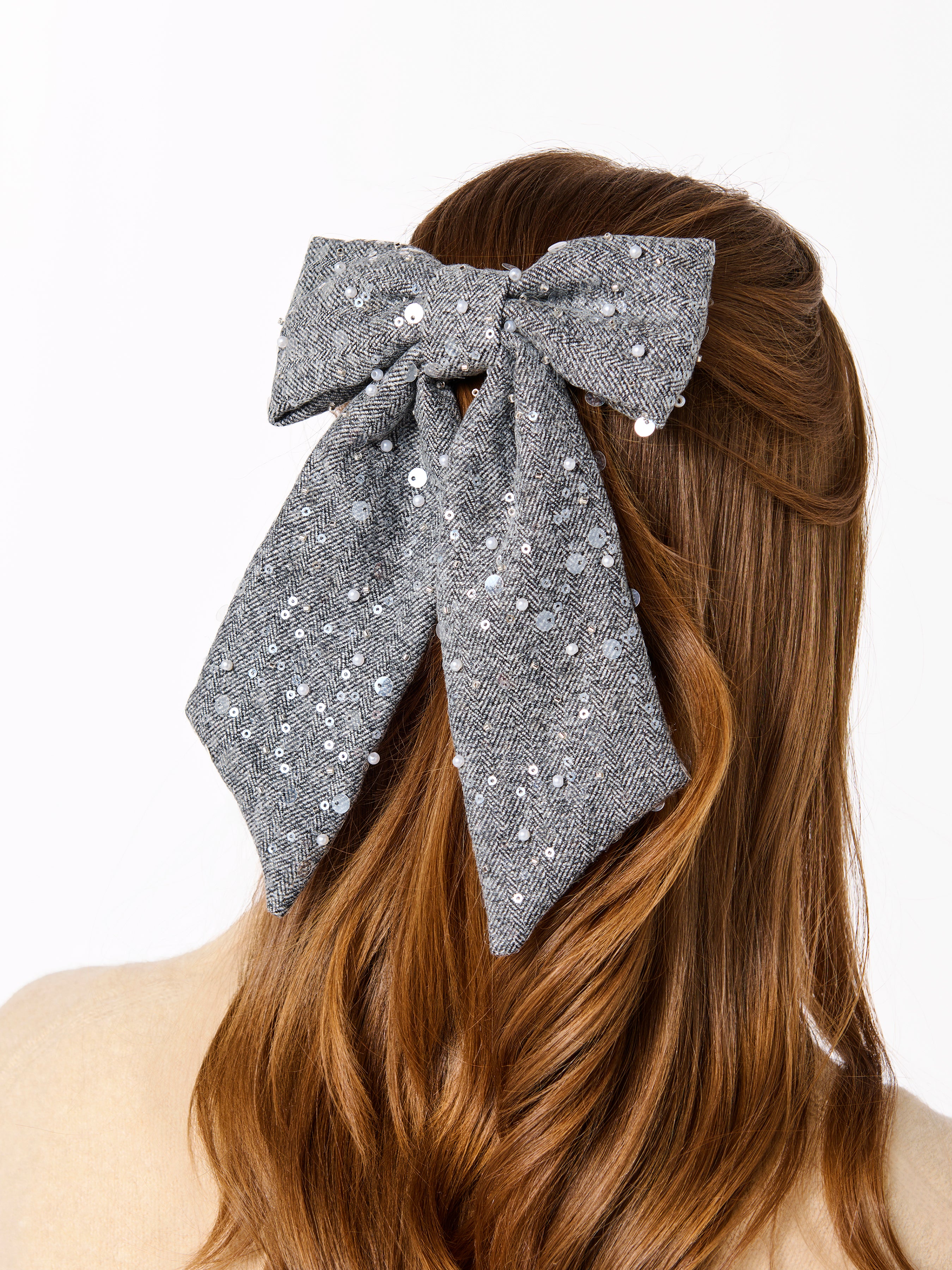 Shiraleah Sequin Tweed Bow Clip, Grey