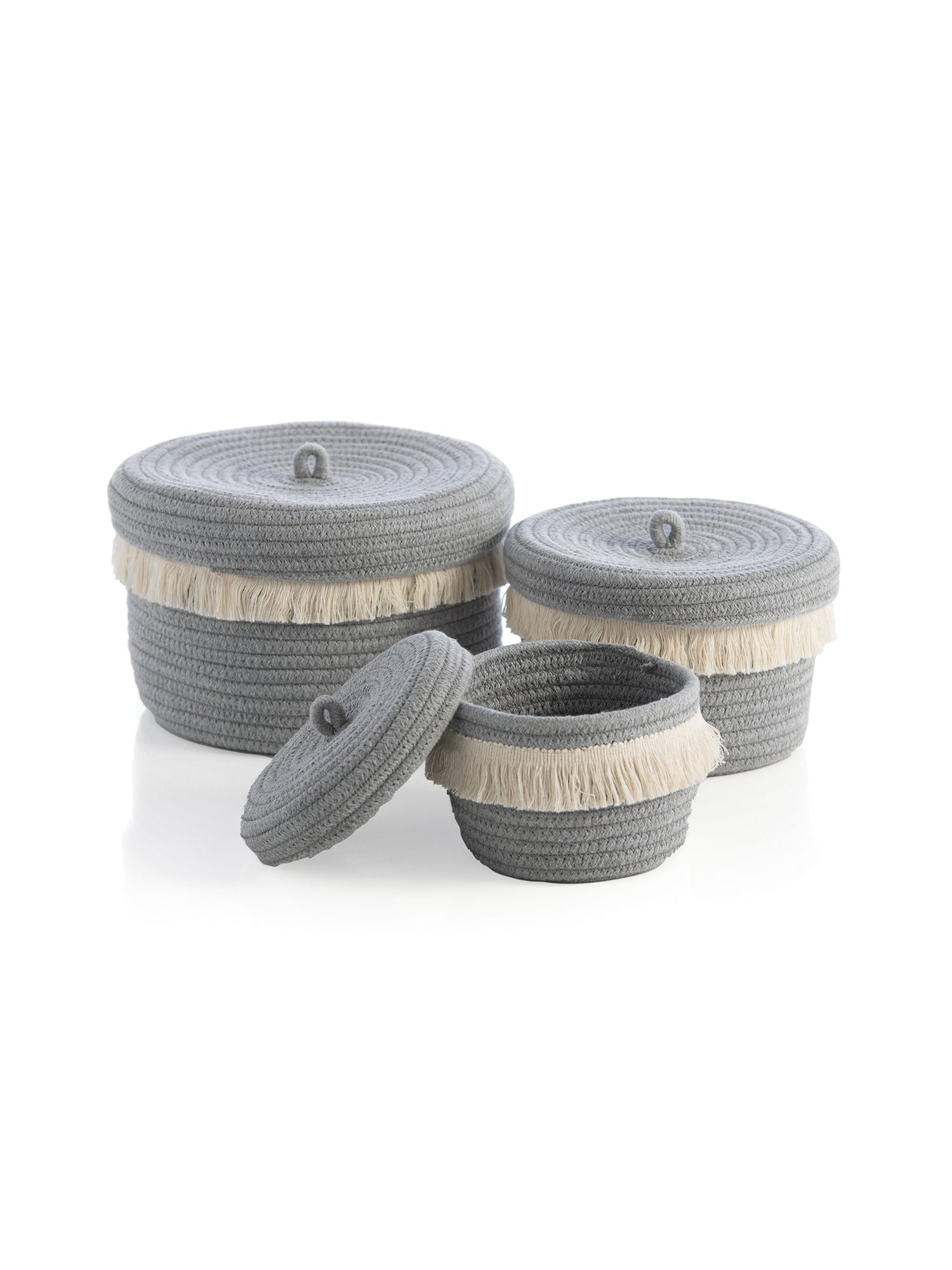 Shiraleah Assorted Set of 3 Round Dharma Cotton Rope Organizer Baskets with Lid, Grey
