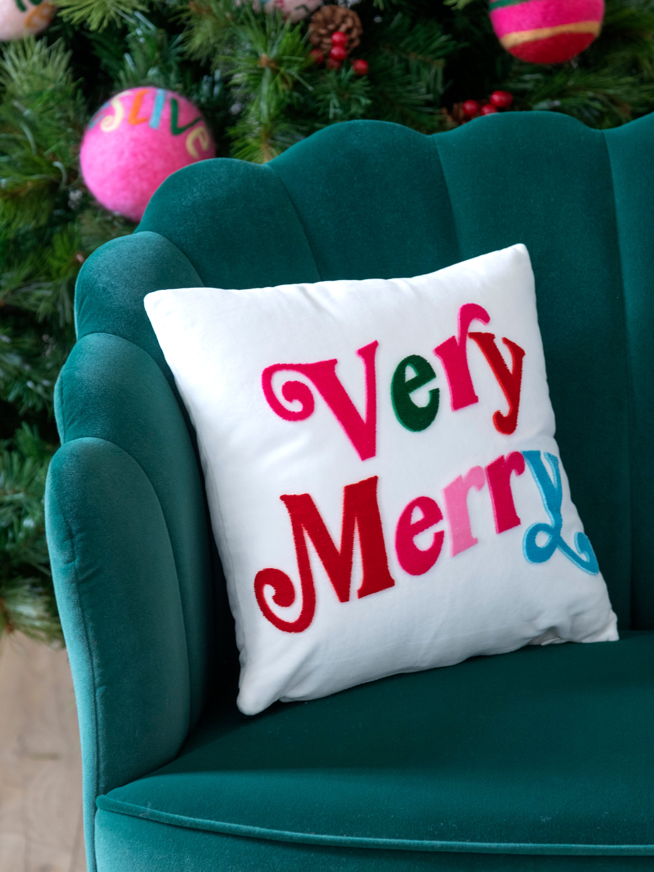 Shiraleah "Very Merry" Velvet Pillow, Ivory - FINAL SALE ONLY