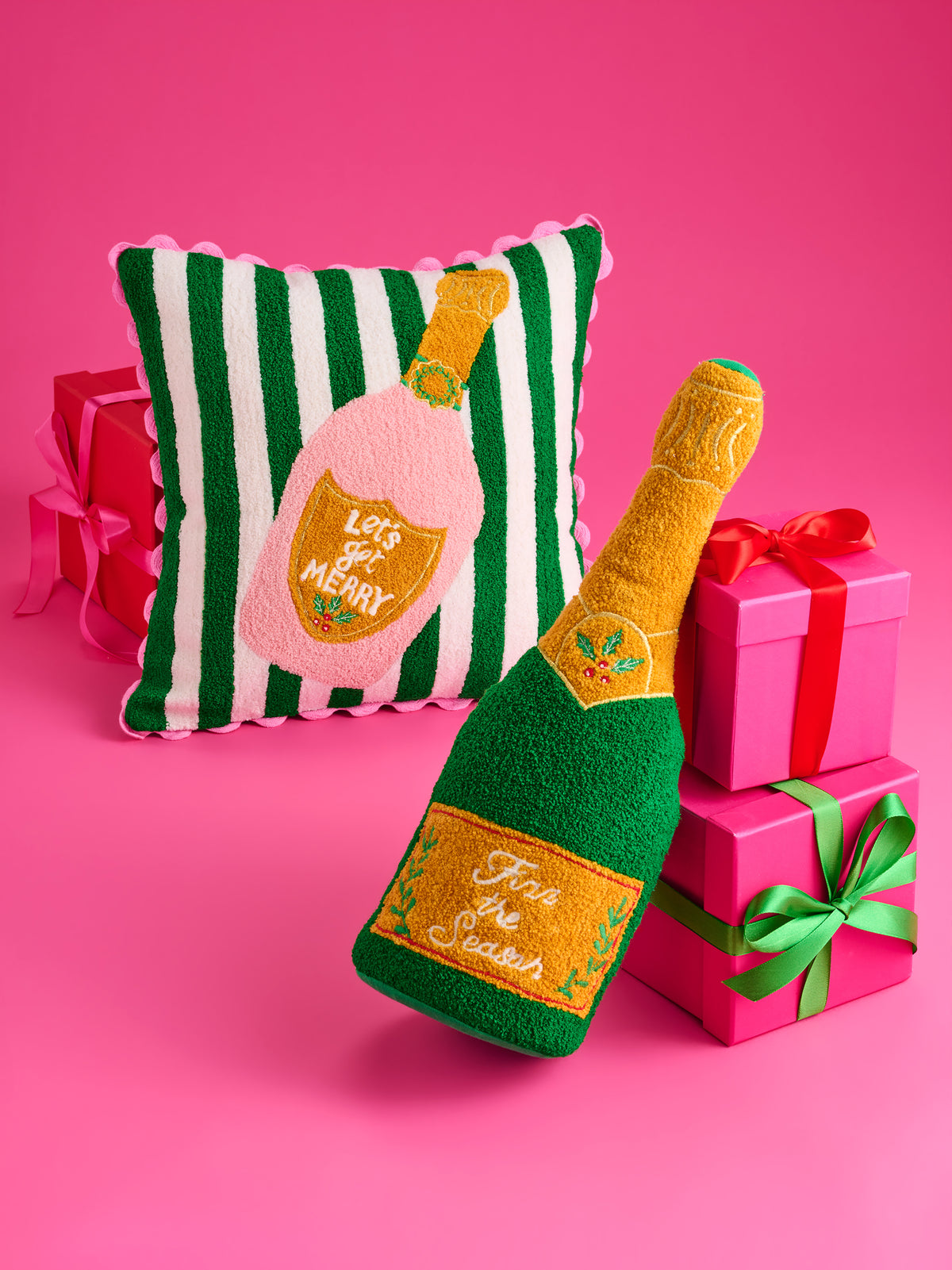 Shiraleah "Fizz The Season" Champagne Bottle Pillow, Green