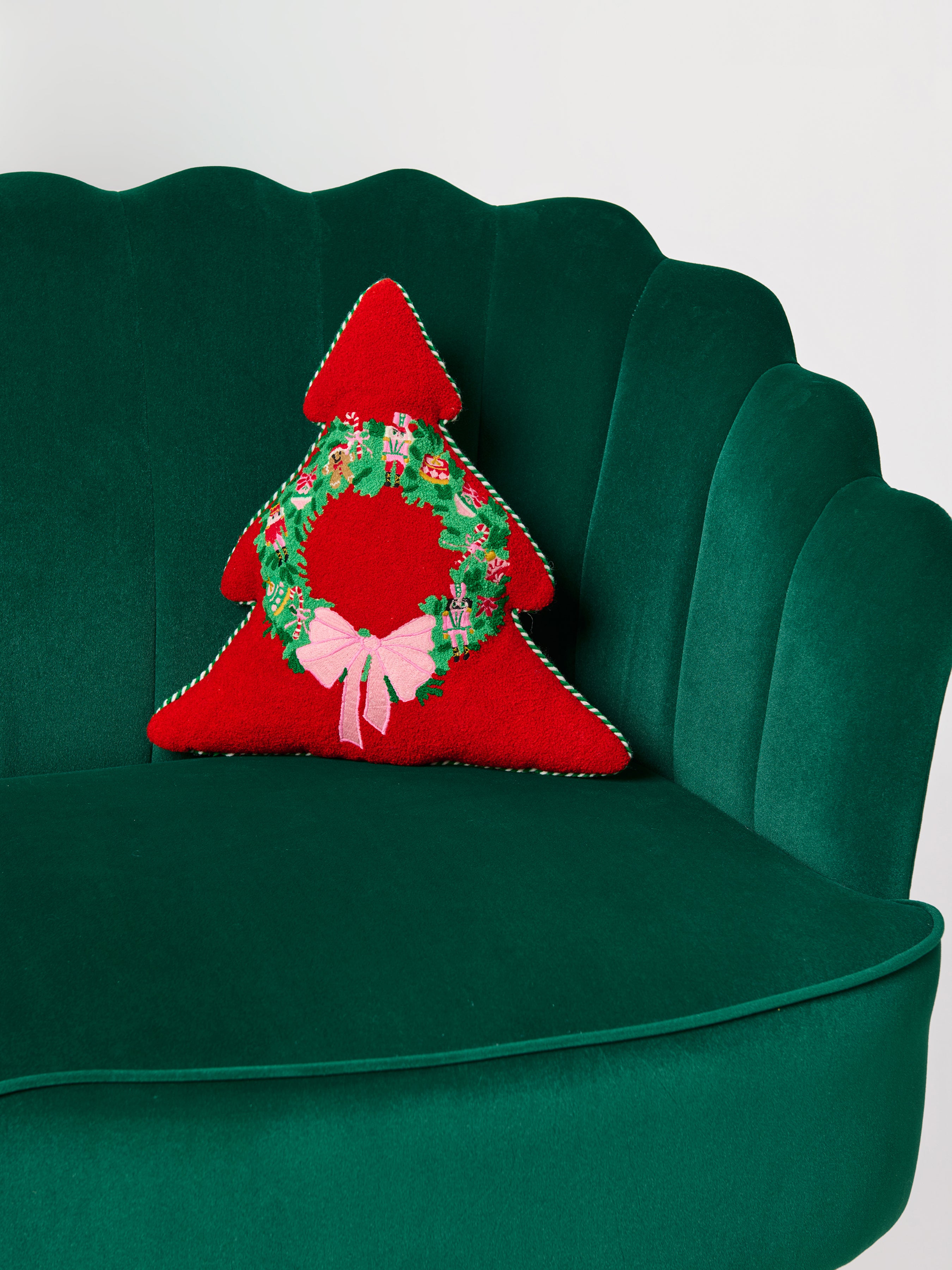 Shiraleah Merry Wreath Tree Shaped Pillow, Red