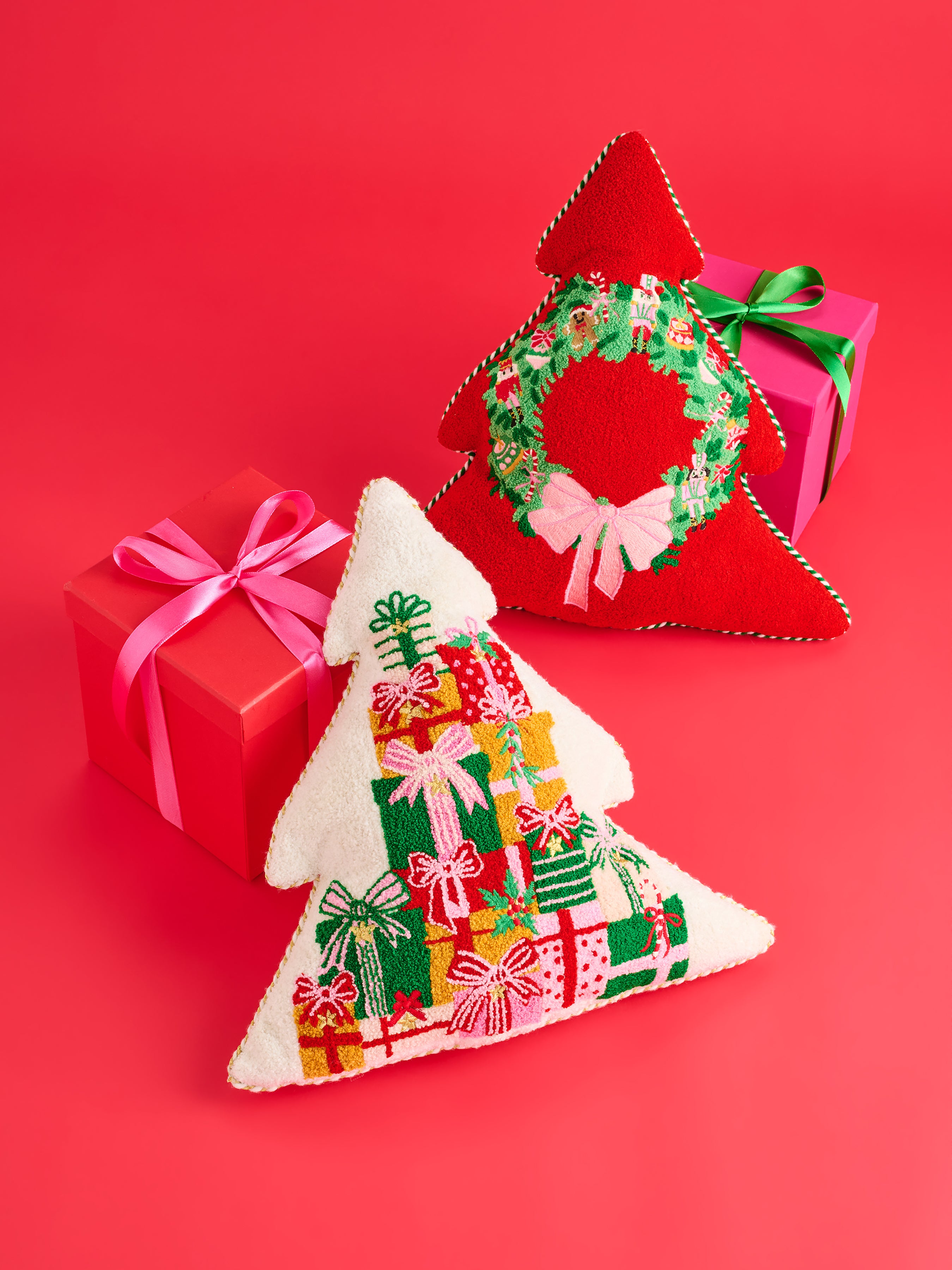 Shiraleah Merry Wreath Tree Shaped Pillow, Red