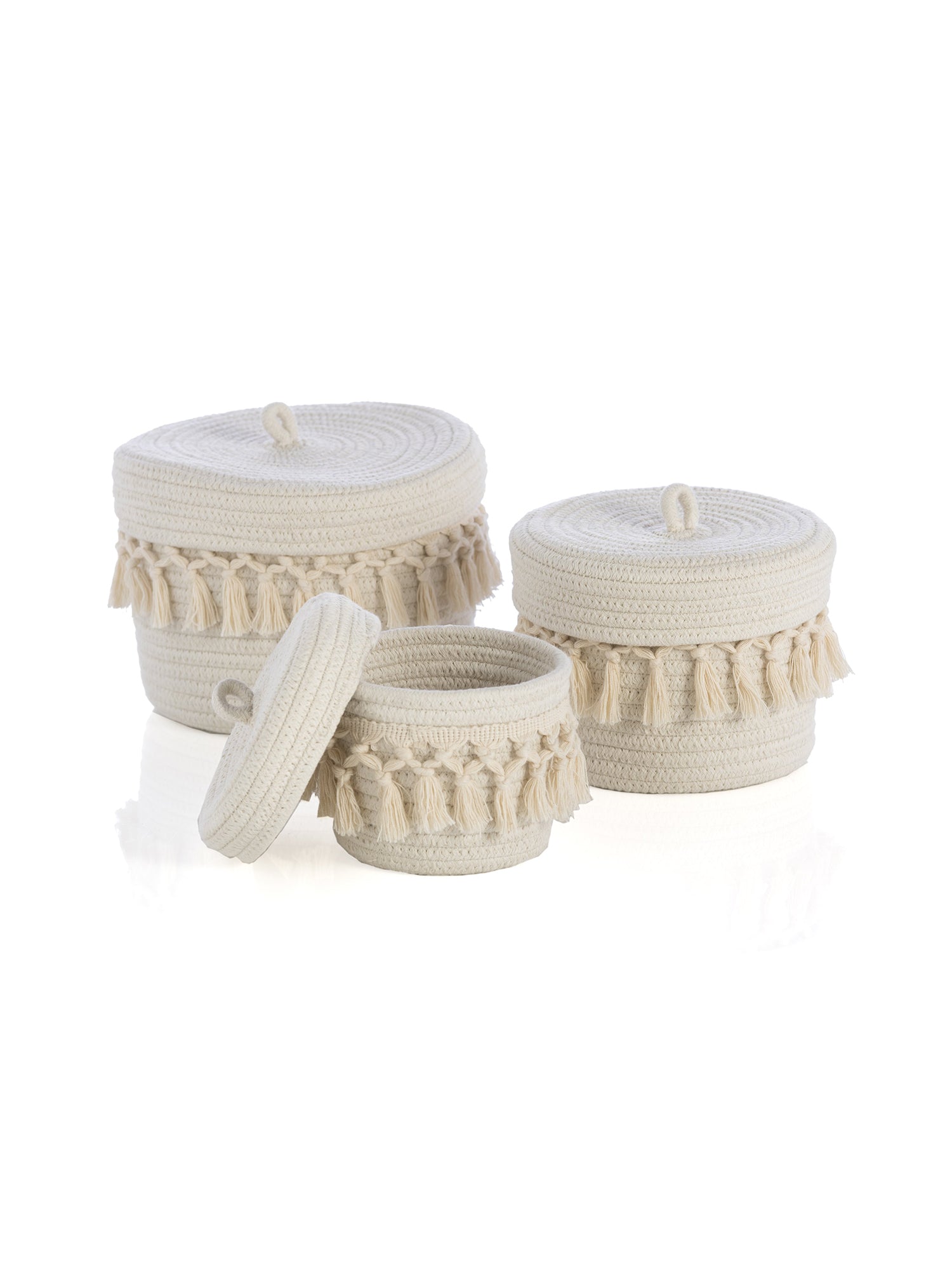 Shiraleah Assorted Set of 3 Round Dharma Cotton Rope Organizer Baskets With Lid, Ivory