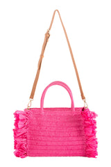 Make your outfit pop with Shiraleah's Sarah Mini Tote handbag. Made from woven paper straw in a bright fuchsia color, this bag is the perfect accessory to bring on a picnic or for a night out! Featuring chic circular top handles, the detachable, adjustable cross-body strap allows for versatility in your style. Pair with other items from Shiraleah to complete your look!
