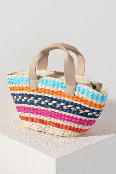 Bring some brightness to the beach with you this summer in Shiraleah's Mykonos Mini Tote. Made from woven paper straw with durable PU handles, this bag can comfortably carry all your warm weather essentials. The vibrant multicolor pattern matches any outfit and backdrop. Pair with other items from Shiraleah to complete your look!
