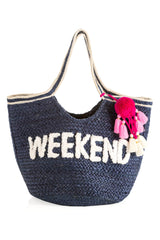 Bring some brightness to the beach with you this summer in Shiraleah's "Weekend" Tote. Made from woven jute, the deep navy bag is accented with a white top hem and white lettering with the word "Weekend" embroidered on the front. Big enough to carry all your essentials, it is the beach bag of your dreams. Pair with other items from Shiraleah to complete your look!
