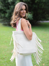 Show off your playful side this season with Shiraleah's Mavis Tote. Lined with long tails of fringe, this dynamic bag will draw eyes anywhere you go. With double shoulder straps and a roomy interior, you'll be set to carry all your essential items all summer long. Pair with the Mavis Zip Pouch and other items from Shiraleah to complete your look!
