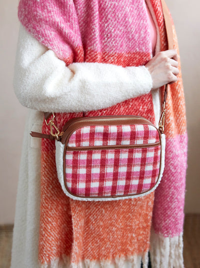 Shiraleah Plaid Mirabel Camera Cross-body Bag, Pink and Red - FINAL SALE ONLY
