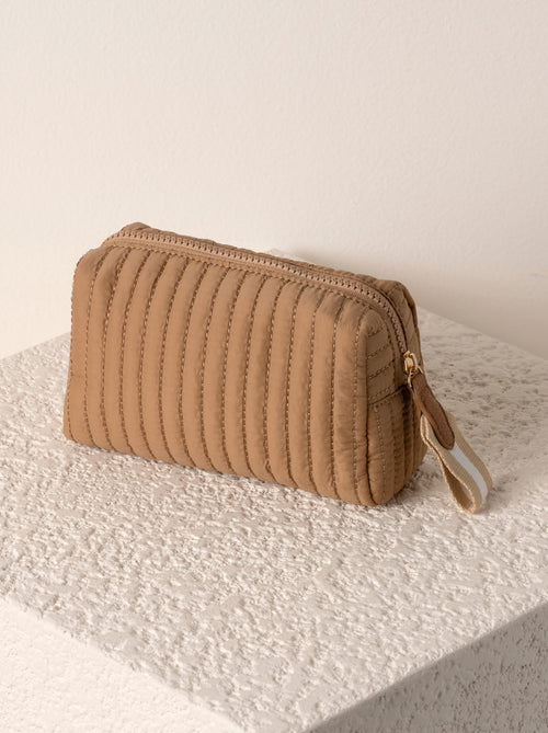 Shiraleah Ezra Quilted Nylon Small Boxy Cosmetic Pouch, Tan