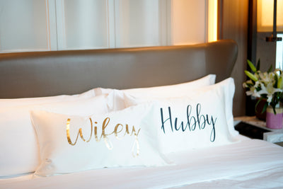 Shiraleah Set of 2 "Hubby/Wifey" Standard Pillow Cases, Ivory - FINAL SALE ONLY