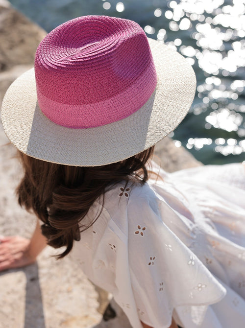 Ensure your face stays shaded this summer with Shrialeah's Andrea Hat. Made from lightweight natural paper straw, this trendy beach hat features a chic pink color block pattern. Pair with other items from Shiraleah to complete your look!
