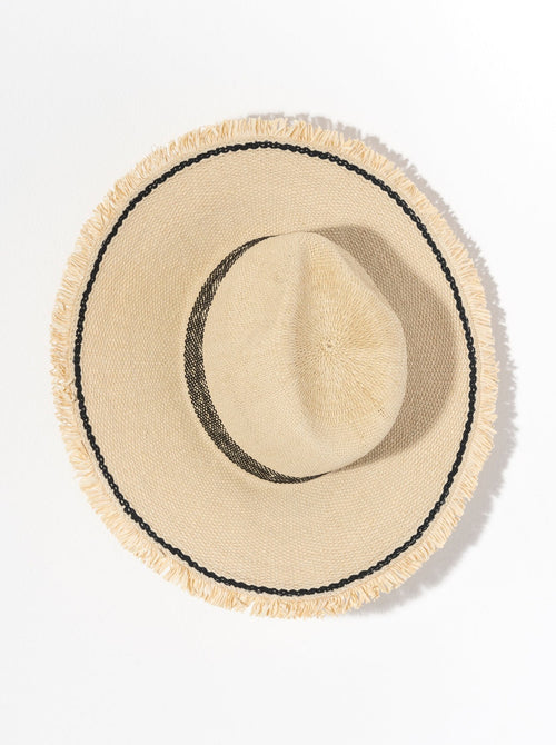A woven straw hat with black lines around the center and by the hem