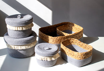 Shiraleah Assorted Set of 3 Round Dharma Cotton Rope Organizer Baskets WIth Lid, Grey