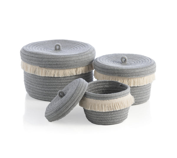 Shiraleah Assorted Set of 3 Round Dharma Cotton Rope Organizer Baskets WIth Lid, Grey