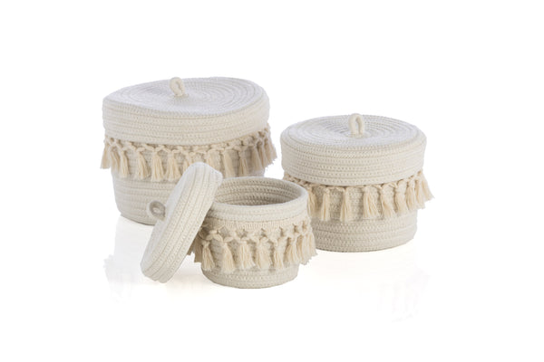 Shiraleah Assorted Set of 3 Round Dharma Cotton Rope Organizer Baskets With Lid, Ivory