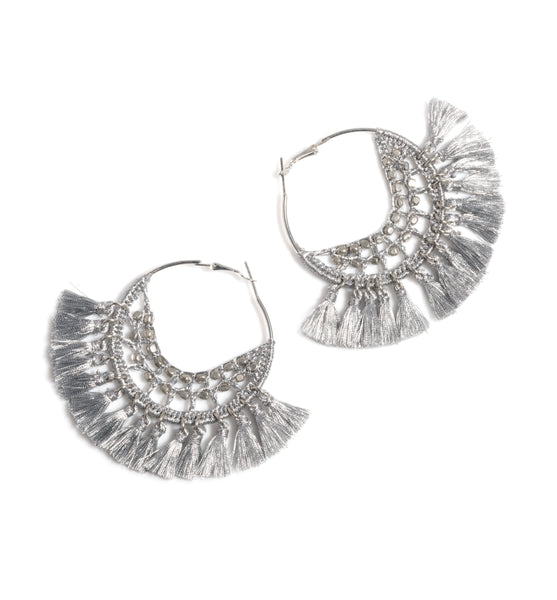 Emme Crocheted Tassel Hoop Earrings, Silver