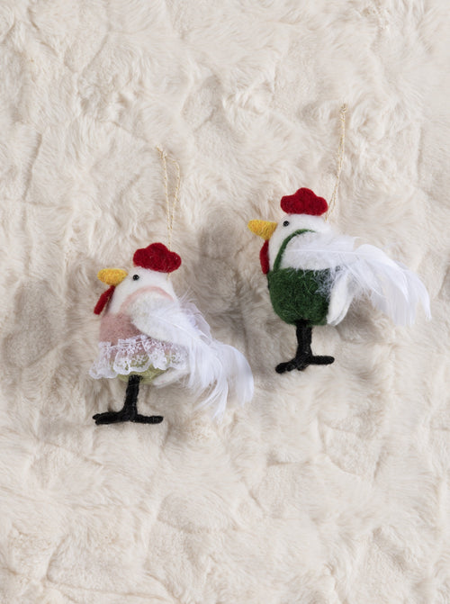 Set/ 2 Rooster And Hen Ornaments, Multi